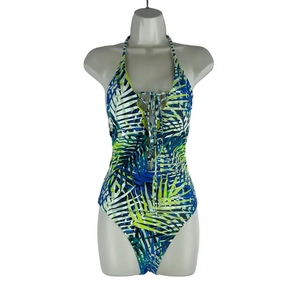 Aerie Tropical Leaf Print Plunge V Neck Lace Up One Piece Swimsuit Size S